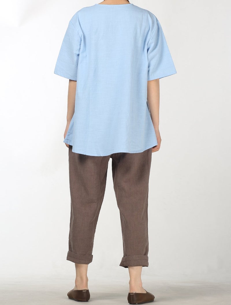 Minibee Women's Linen Retro Chinese Frog Button Tops Blouse Blue XL - Image 5